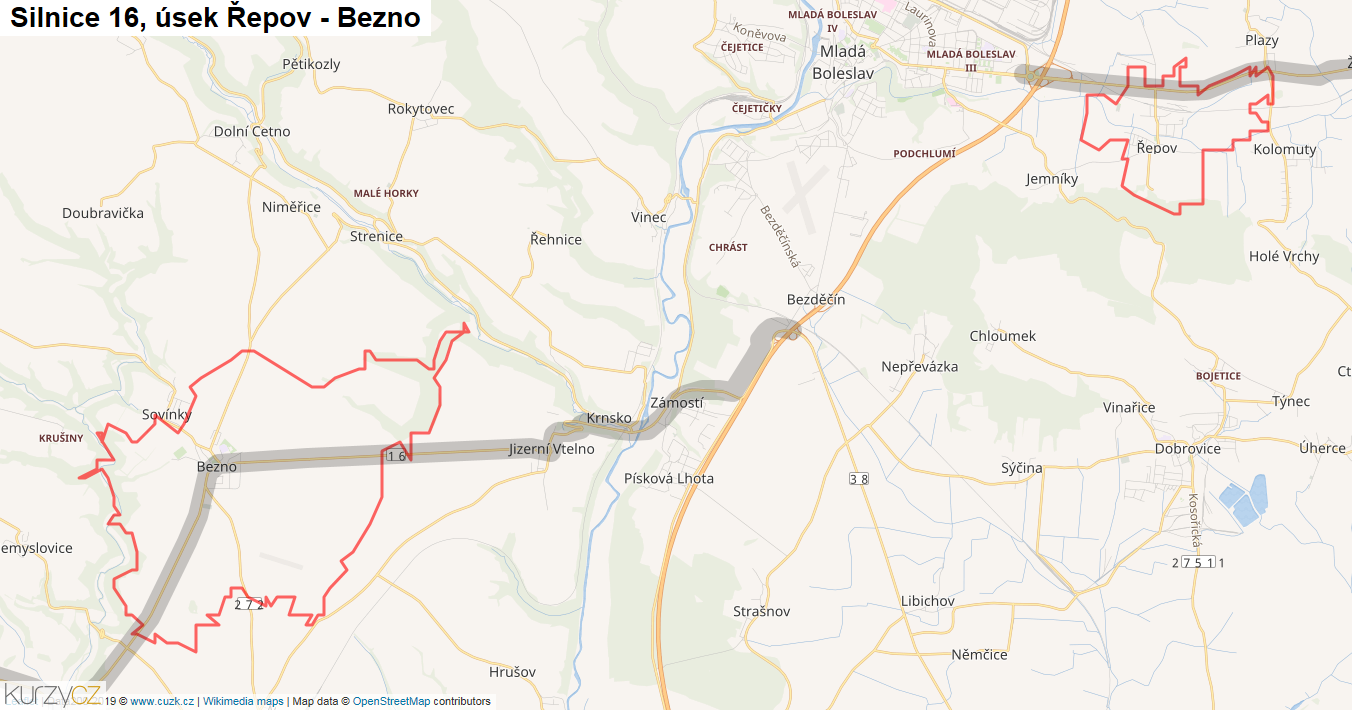 Úsek Řepov - Bezno, Silnice 16 - Mapa