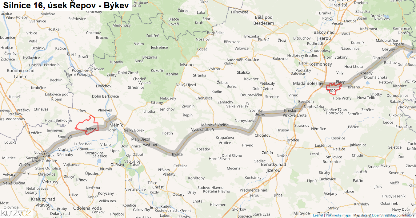 Úsek Řepov - Býkev, Silnice 16 - Mapa