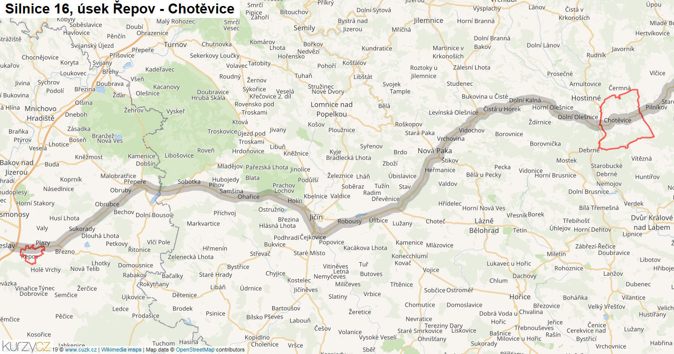 Úsek Řepov - Chotěvice, Silnice 16 - Mapa