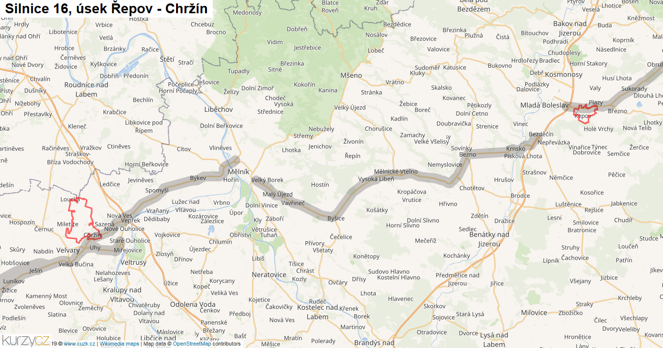 Úsek Řepov - Chržín, Silnice 16 - Mapa
