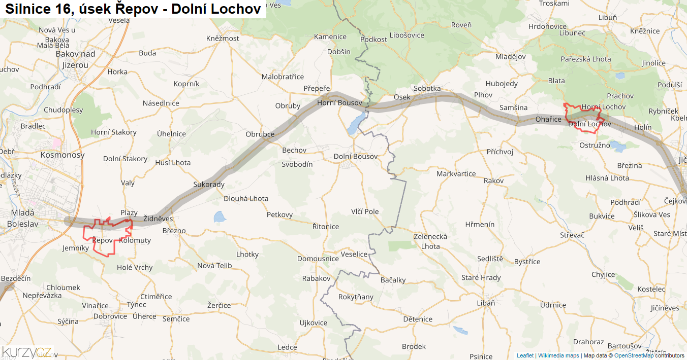 Úsek Řepov - Dolní Lochov, Silnice 16 - Mapa
