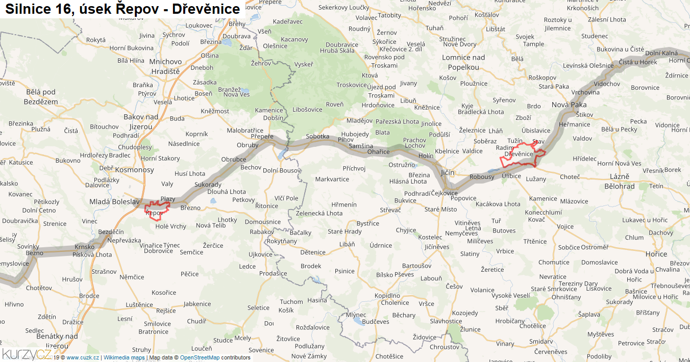 Úsek Řepov - Dřevěnice, Silnice 16 - Mapa