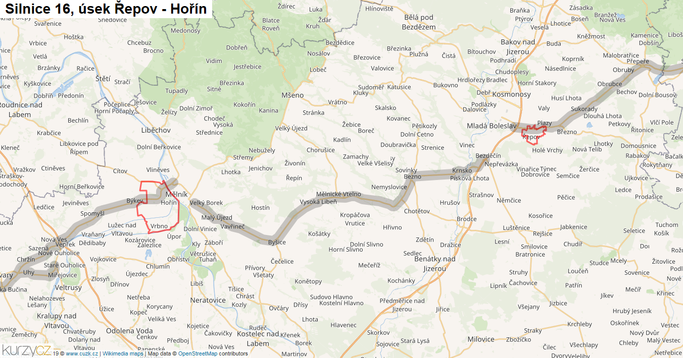 Úsek Řepov - Hořín, Silnice 16 - Mapa