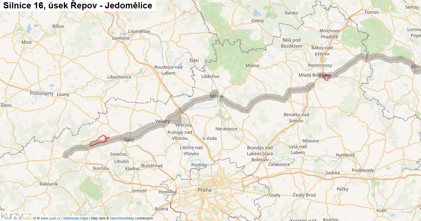 Úsek Řepov - Jedomělice, Silnice 16 - Mapa