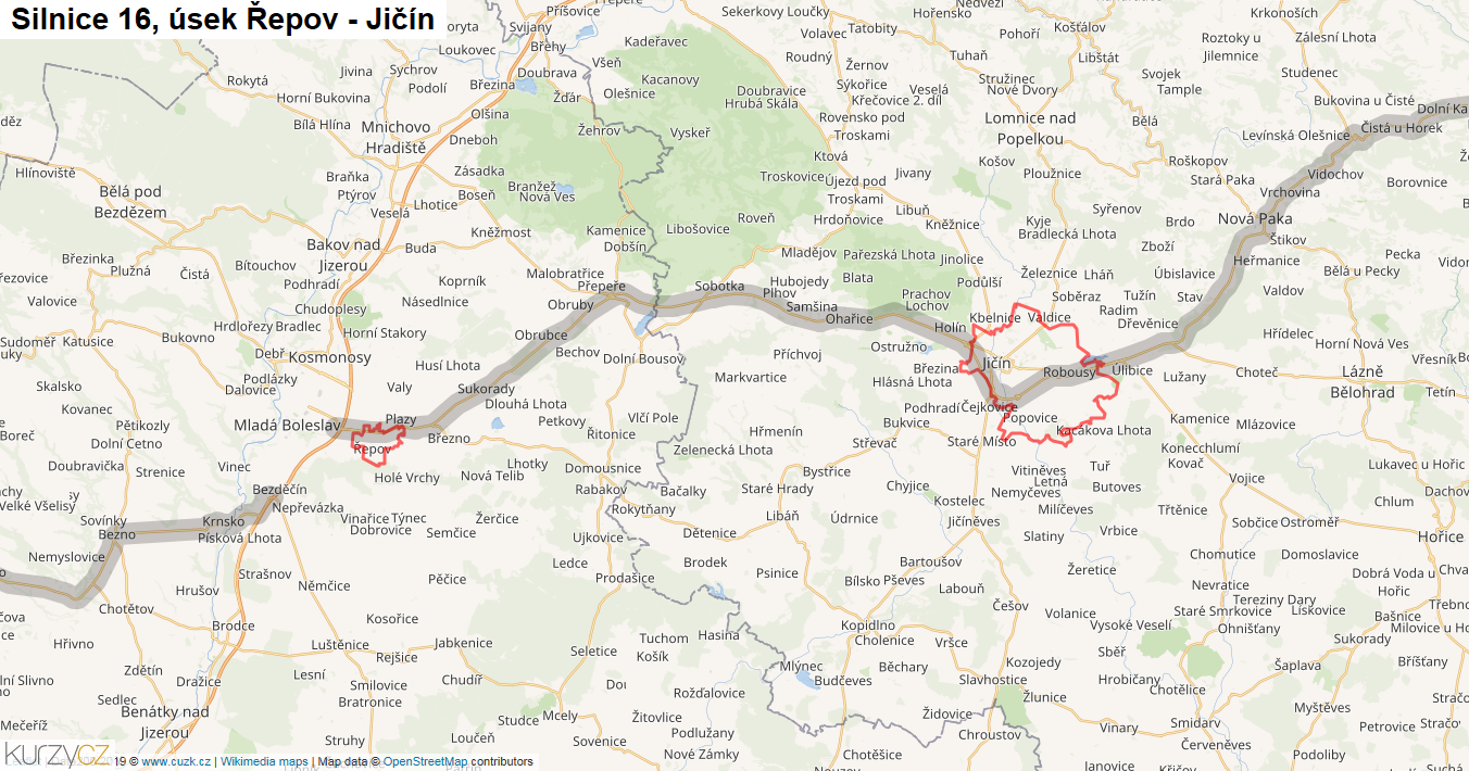 Úsek Řepov - Jičín, Silnice 16 - Mapa