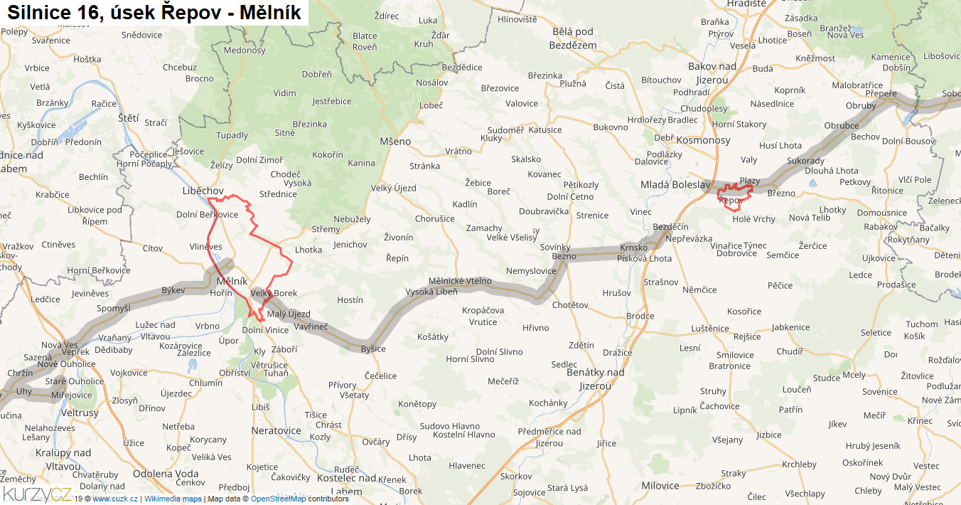 Úsek Řepov - Mělník, Silnice 16 - Mapa