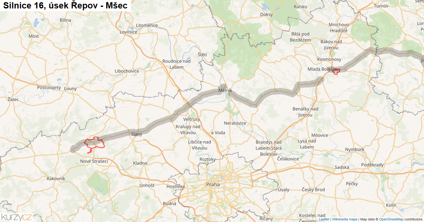 Úsek Řepov - Mšec, Silnice 16 - Mapa