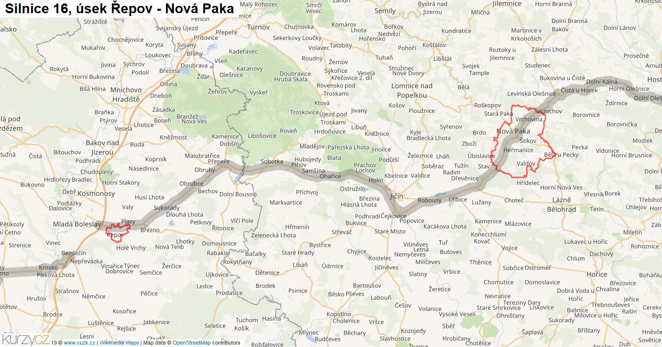 Úsek Řepov - Nová Paka, Silnice 16 - Mapa