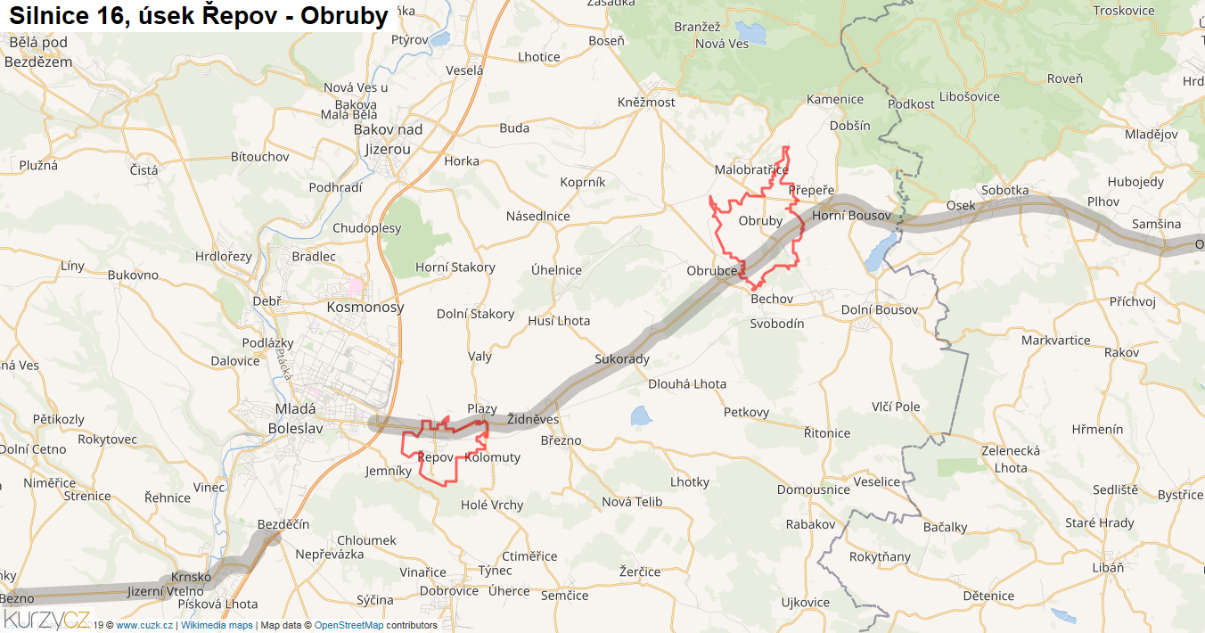 Úsek Řepov - Obruby, Silnice 16 - Mapa