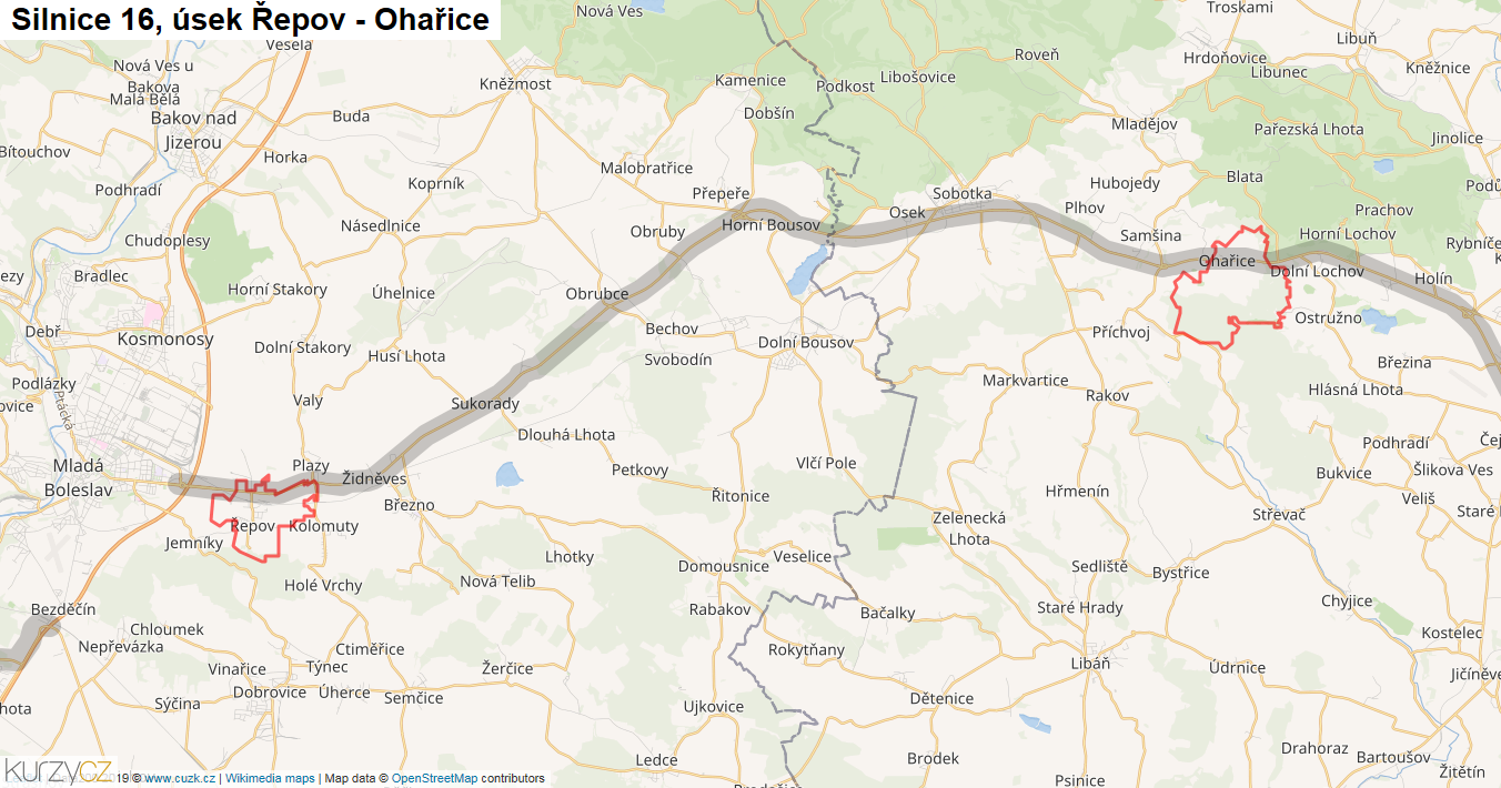 Úsek Řepov - Ohařice, Silnice 16 - Mapa