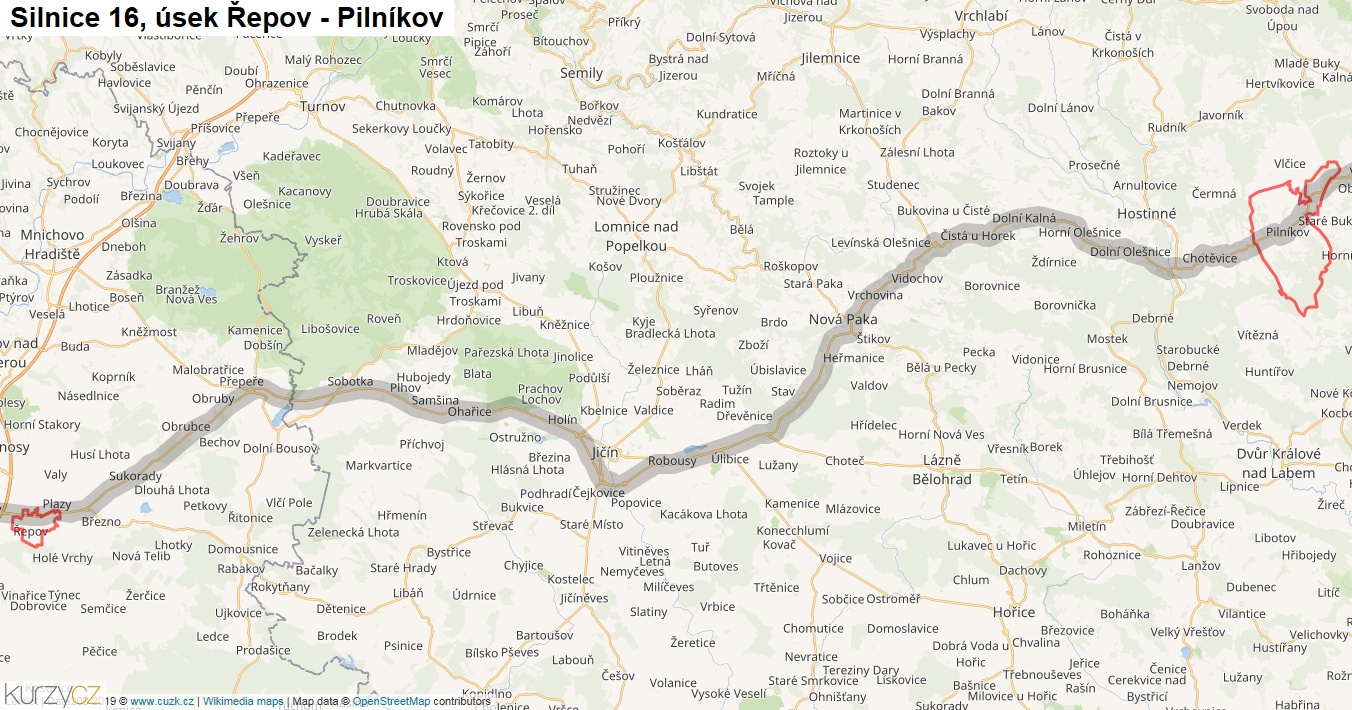 Úsek Řepov - Pilníkov, Silnice 16 - Mapa