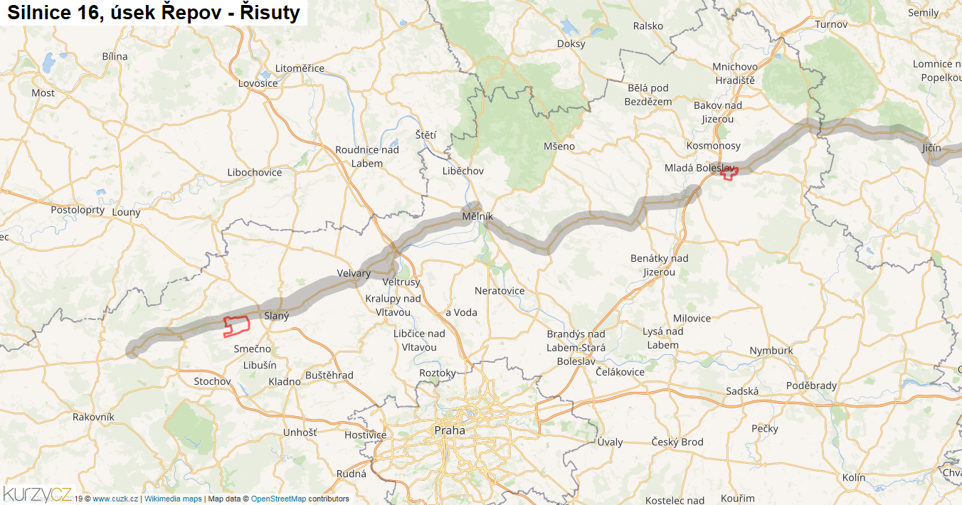 Úsek Řepov - Řisuty, Silnice 16 - Mapa