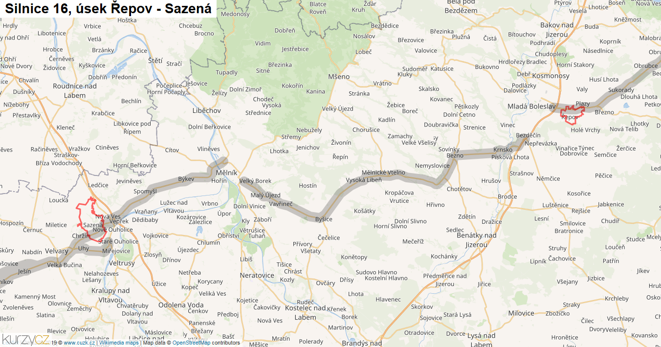 Úsek Řepov - Sazená, Silnice 16 - Mapa