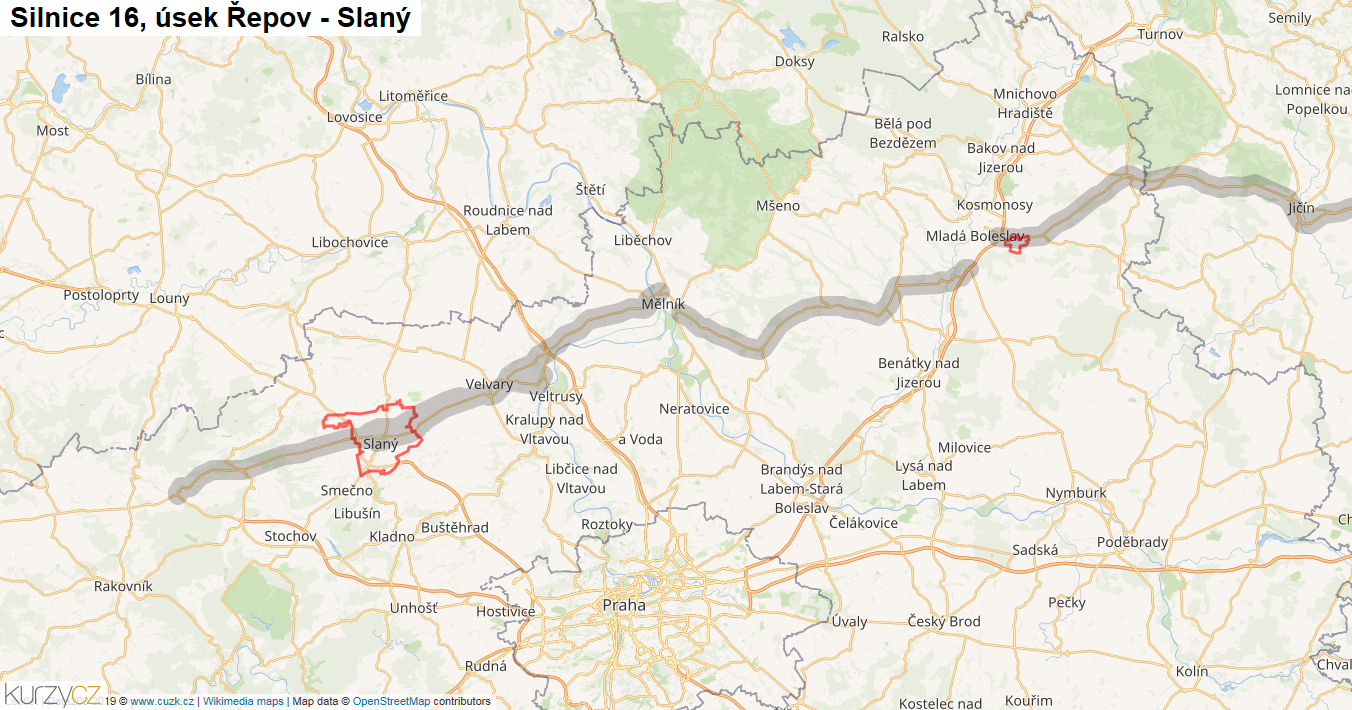 Úsek Řepov - Slaný, Silnice 16 - Mapa