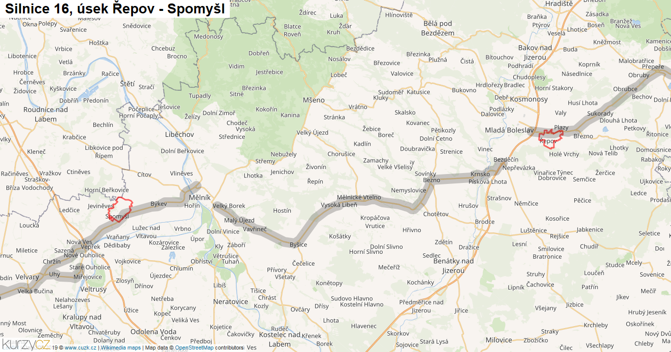 Úsek Řepov - Spomyšl, Silnice 16 - Mapa