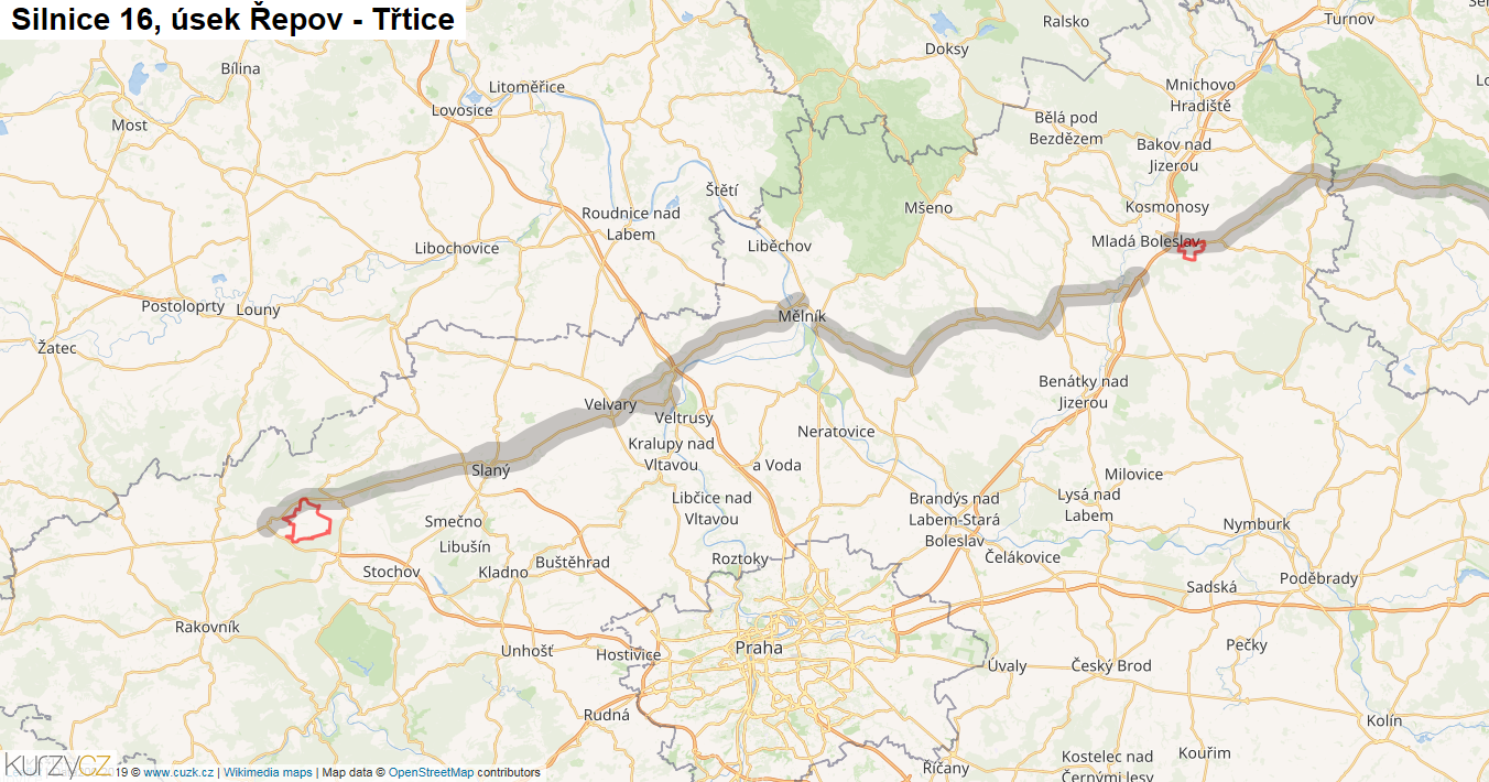 Úsek Řepov - Třtice, Silnice 16 - Mapa