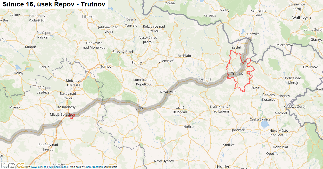 Úsek Řepov - Trutnov, Silnice 16 - Mapa