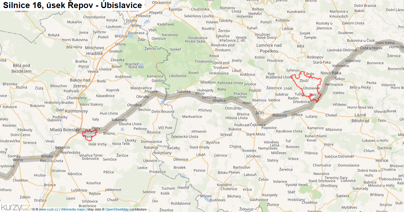 Úsek Řepov - Úbislavice, Silnice 16 - Mapa