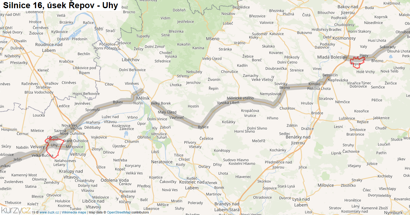 Úsek Řepov - Uhy, Silnice 16 - Mapa