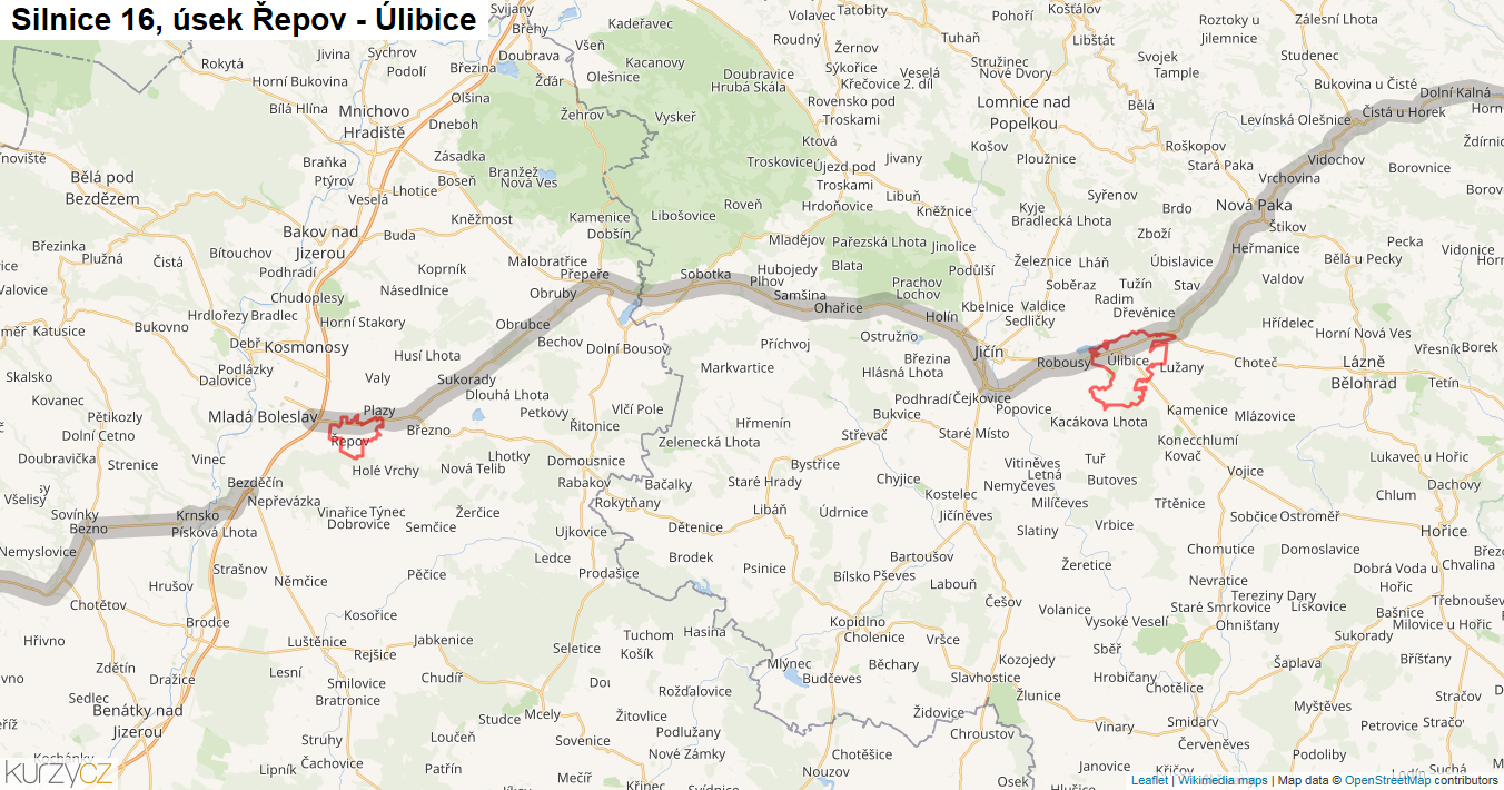 Úsek Řepov - Úlibice, Silnice 16 - Mapa
