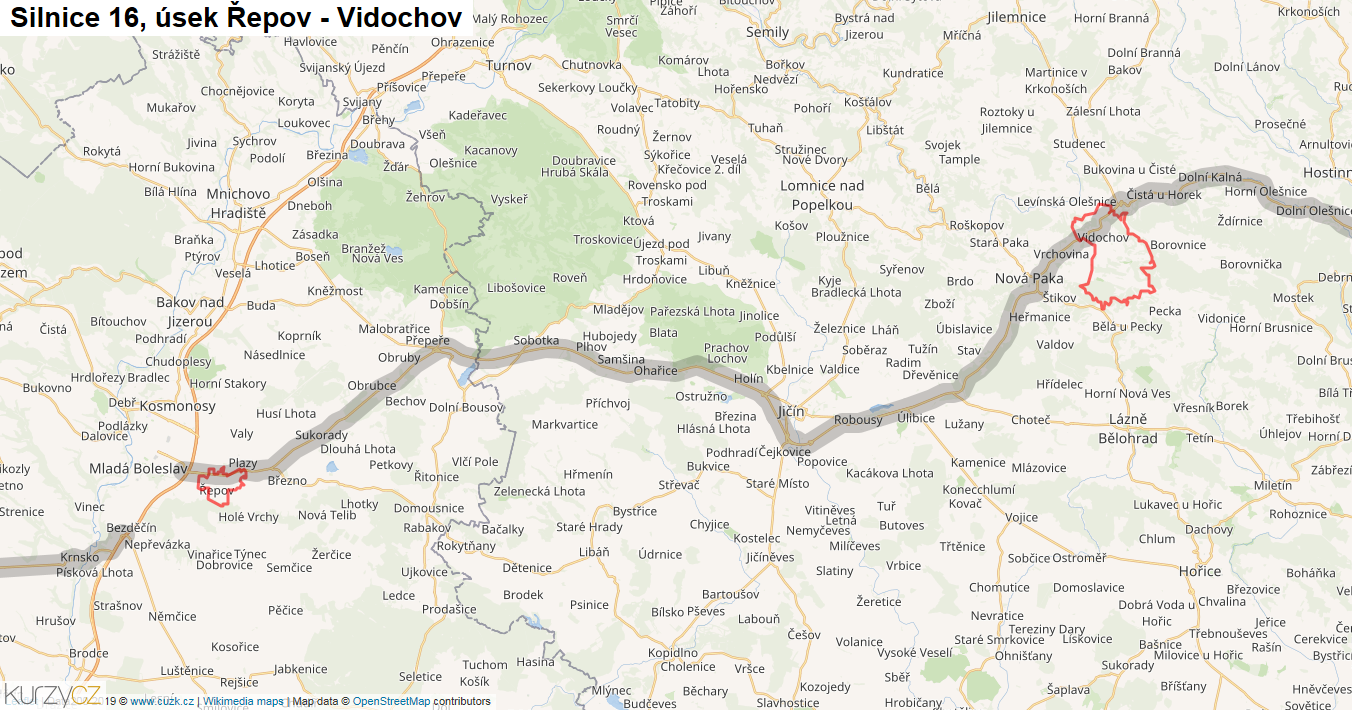 Úsek Řepov - Vidochov, Silnice 16 - Mapa
