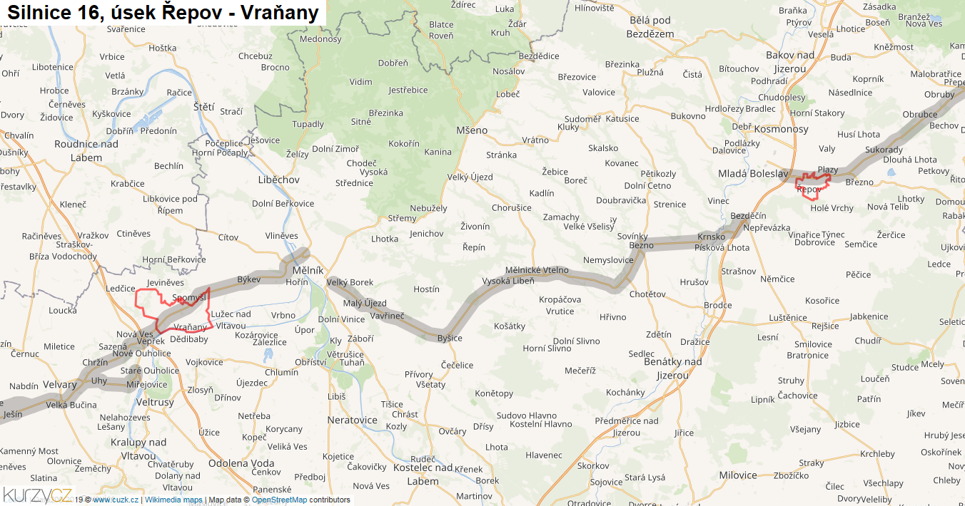 Úsek Řepov - Vraňany, Silnice 16 - Mapa