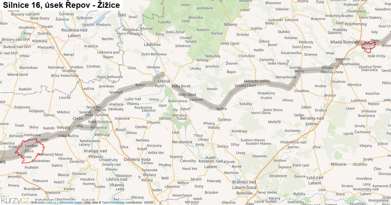 Úsek Řepov - Žižice, Silnice 16 - Mapa