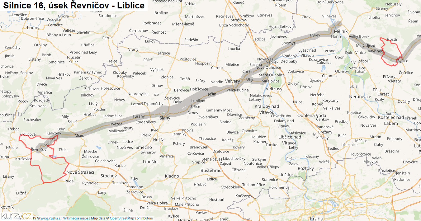 Úsek Řevničov - Liblice, Silnice 16 - Mapa