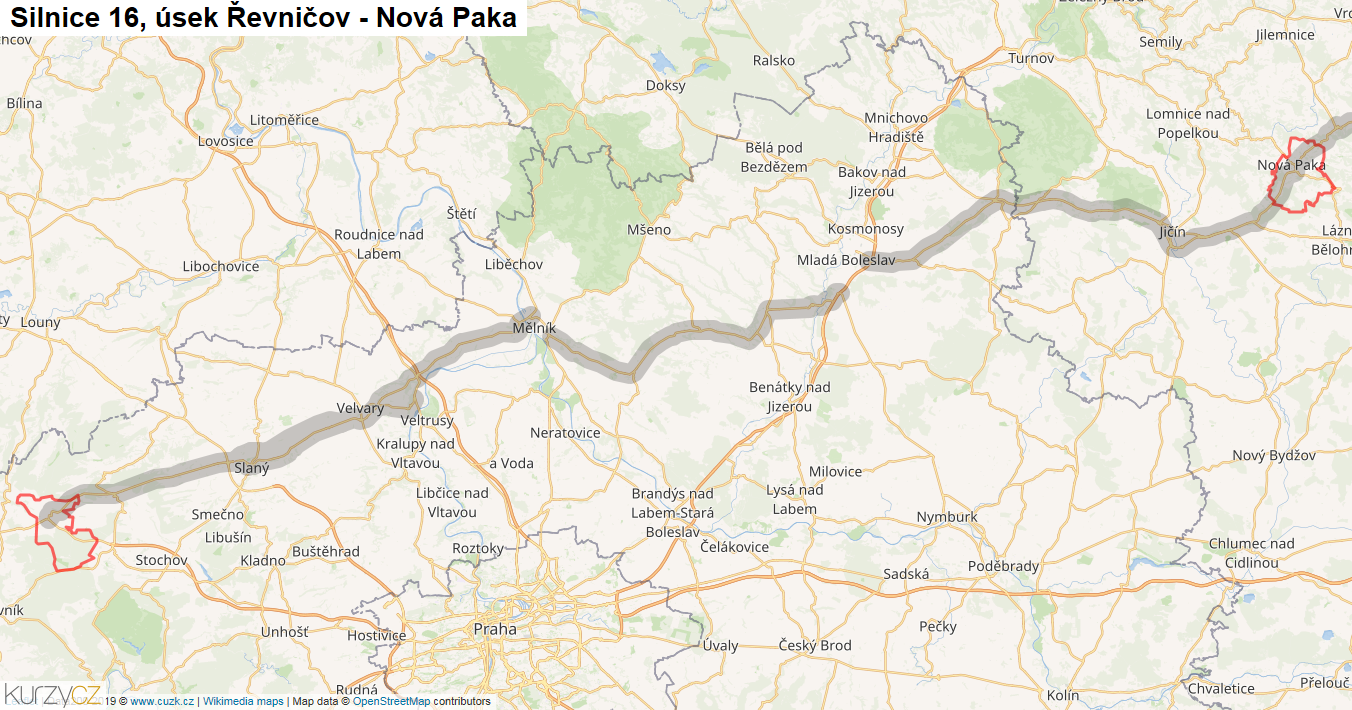 Úsek Řevničov - Nová Paka, Silnice 16 - Mapa