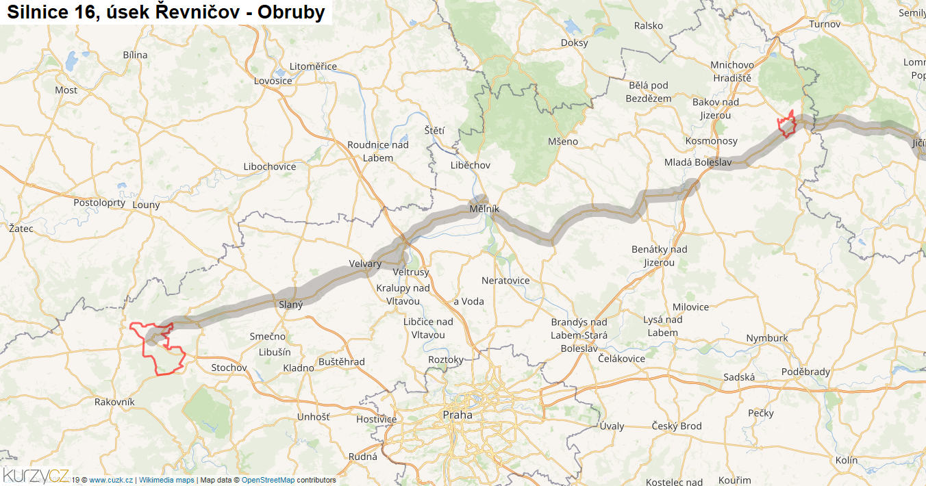 Úsek Řevničov - Obruby, Silnice 16 - Mapa