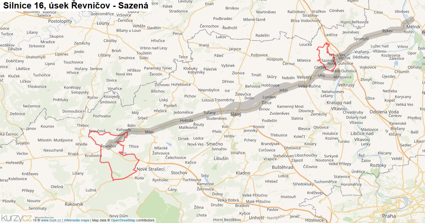 Úsek Řevničov - Sazená, Silnice 16 - Mapa