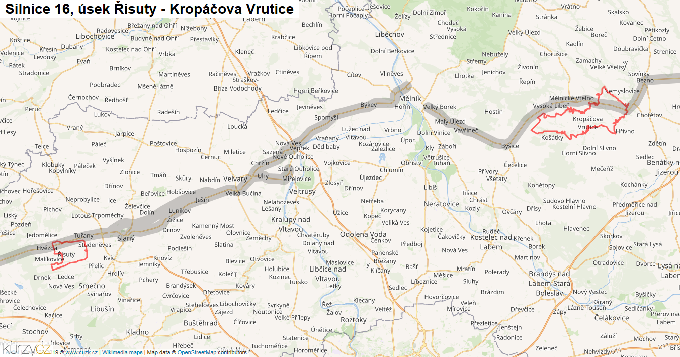 Úsek Řisuty - Kropáčova Vrutice, Silnice 16 - Mapa