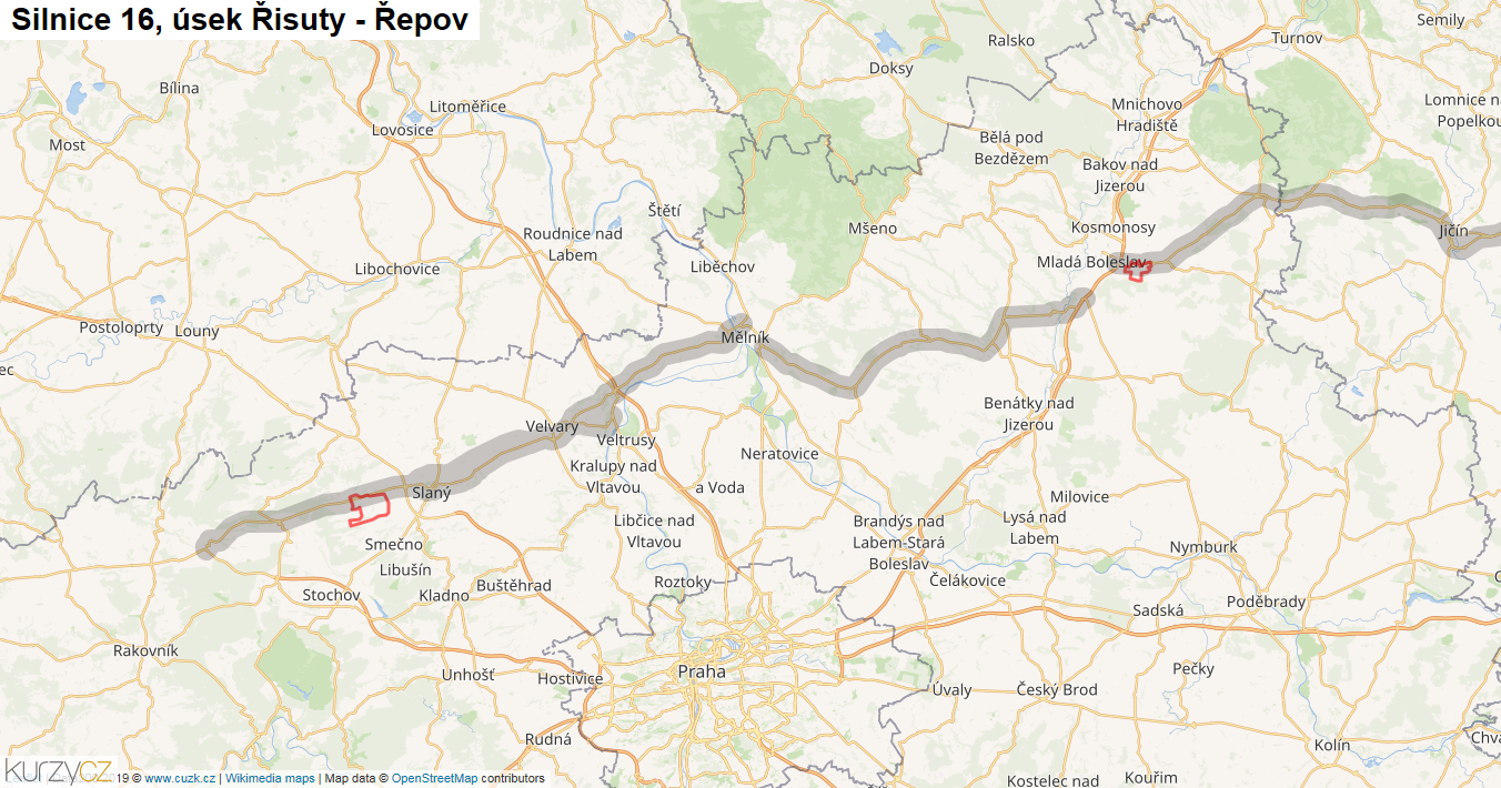 Úsek Řisuty - Řepov, Silnice 16 - Mapa