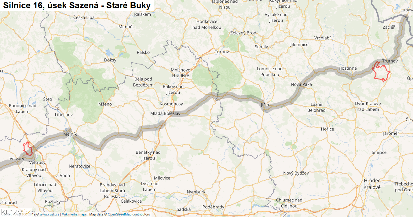Úsek Sazená - Staré Buky, Silnice 16 - Mapa
