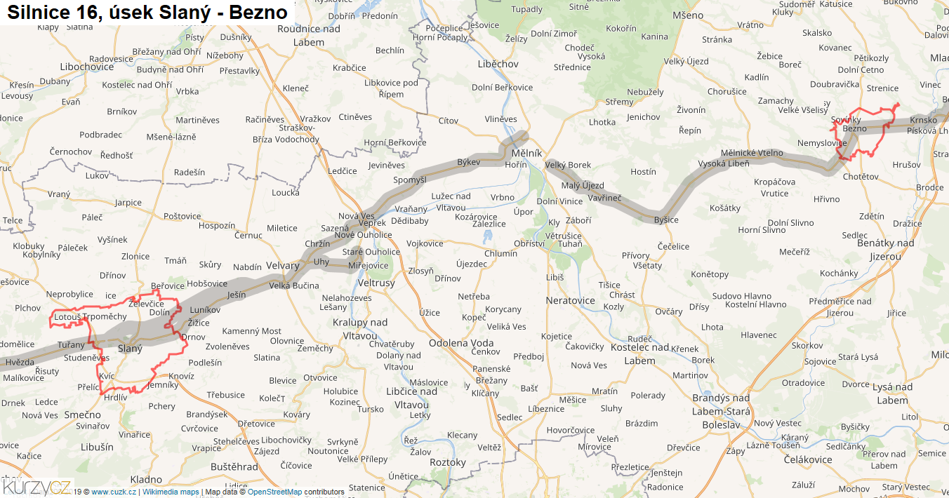 Úsek Slaný - Bezno, Silnice 16 - Mapa