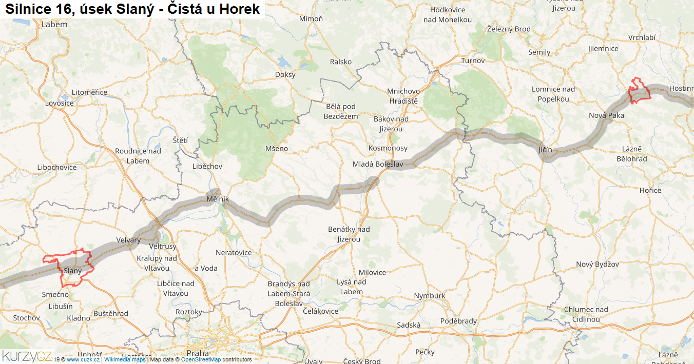 Úsek Slaný - Čistá u Horek, Silnice 16 - Mapa