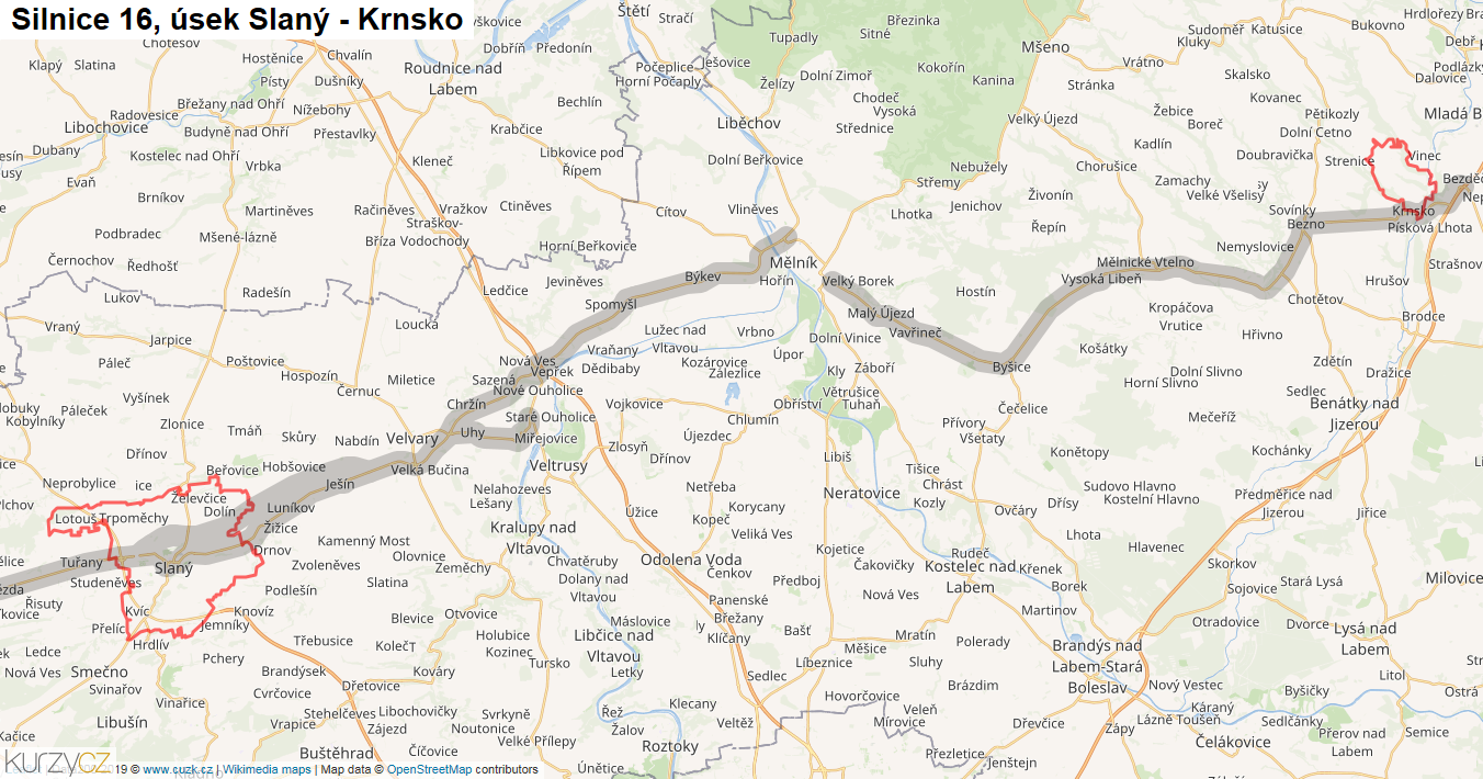 Úsek Slaný - Krnsko, Silnice 16 - Mapa