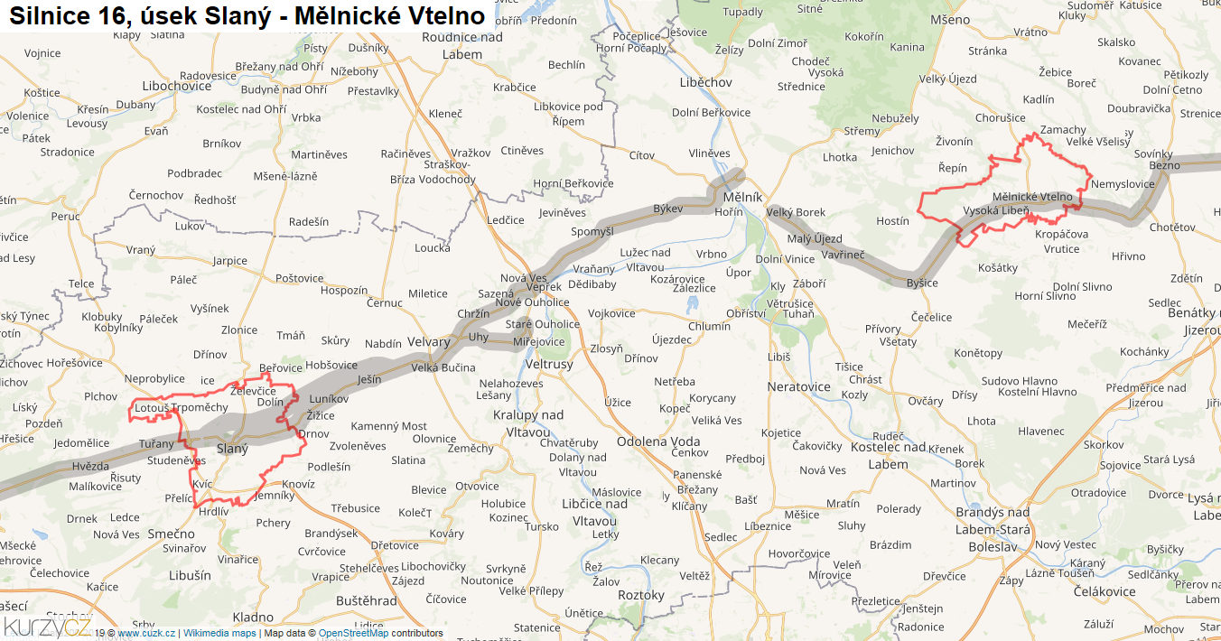 Úsek Slaný - Mělnické Vtelno, Silnice 16 - Mapa