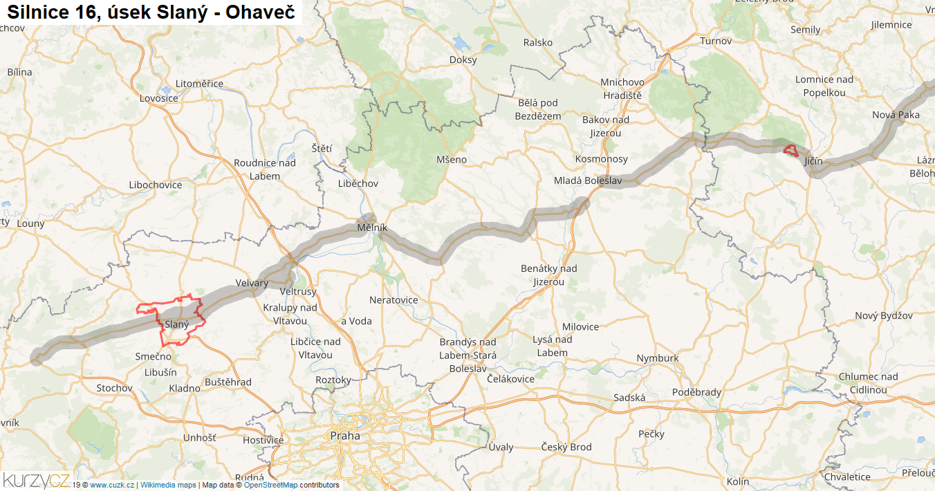 Úsek Slaný - Ohaveč, Silnice 16 - Mapa