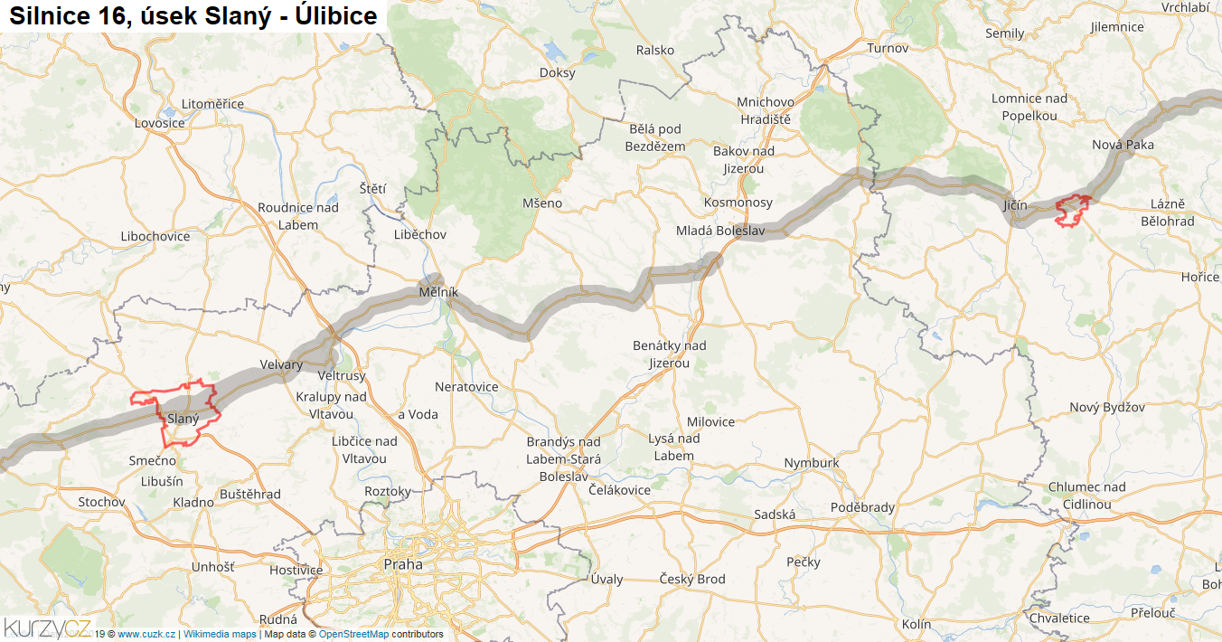 Úsek Slaný - Úlibice, Silnice 16 - Mapa
