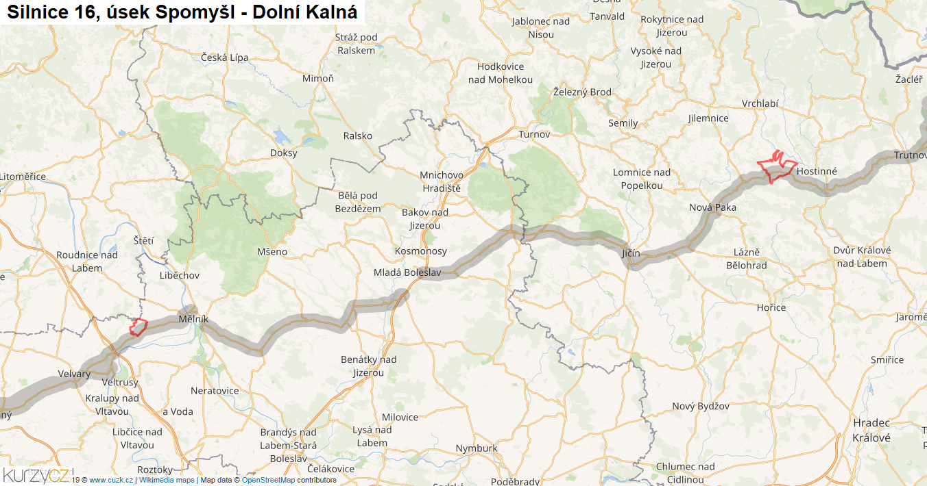 Úsek Spomyšl - Dolní Kalná, Silnice 16 - Mapa
