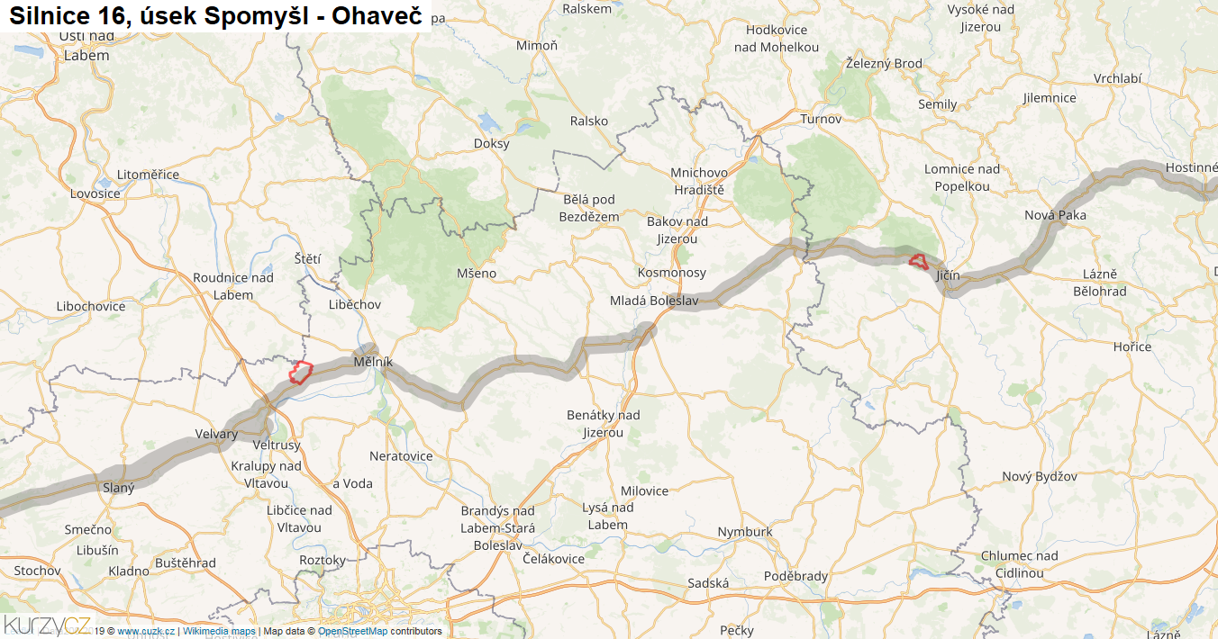 Úsek Spomyšl - Ohaveč, Silnice 16 - Mapa