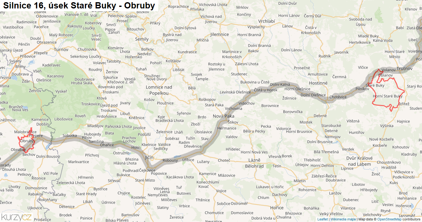 Úsek Staré Buky - Obruby, Silnice 16 - Mapa