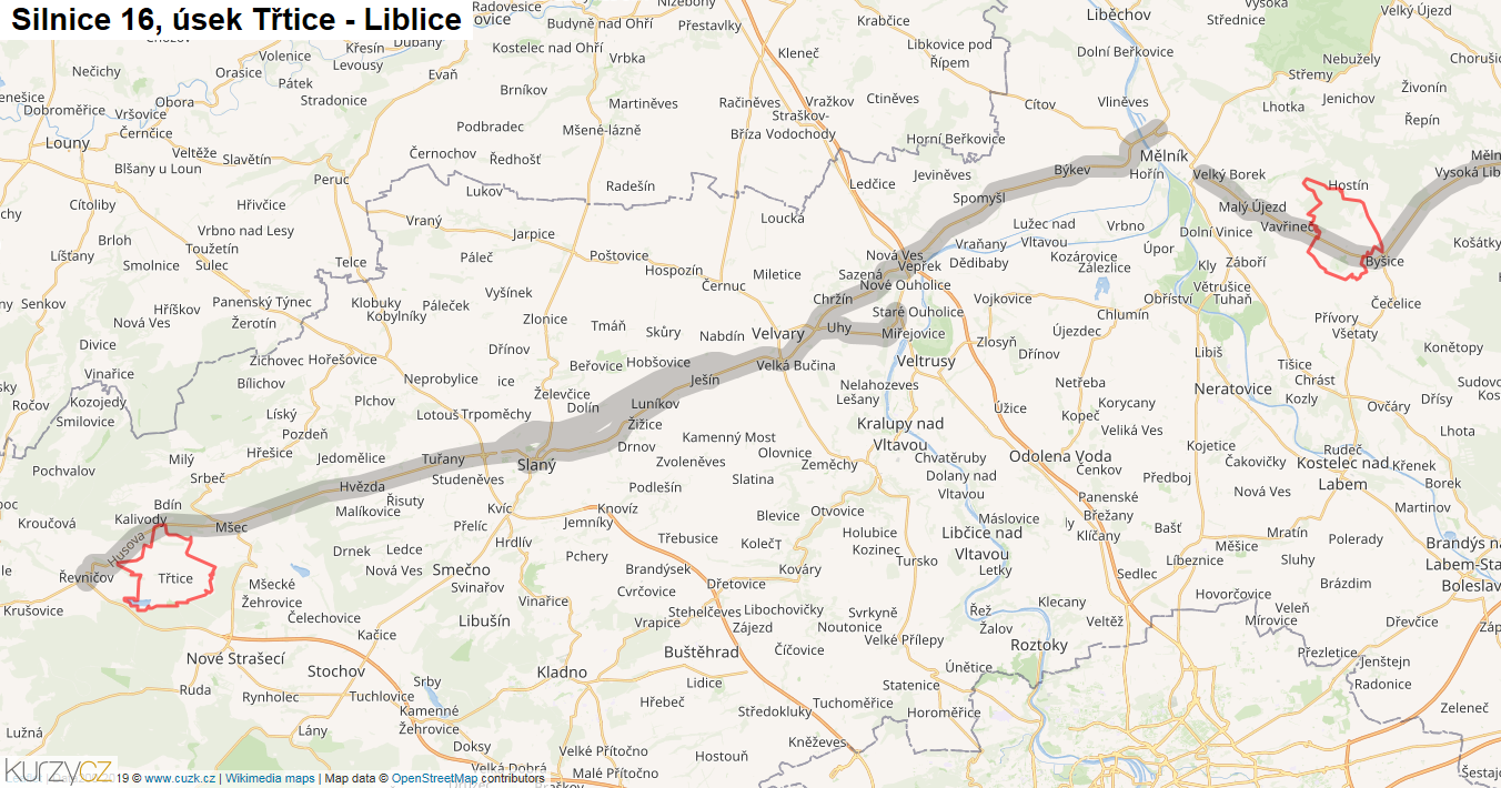 Úsek Třtice - Liblice, Silnice 16 - Mapa