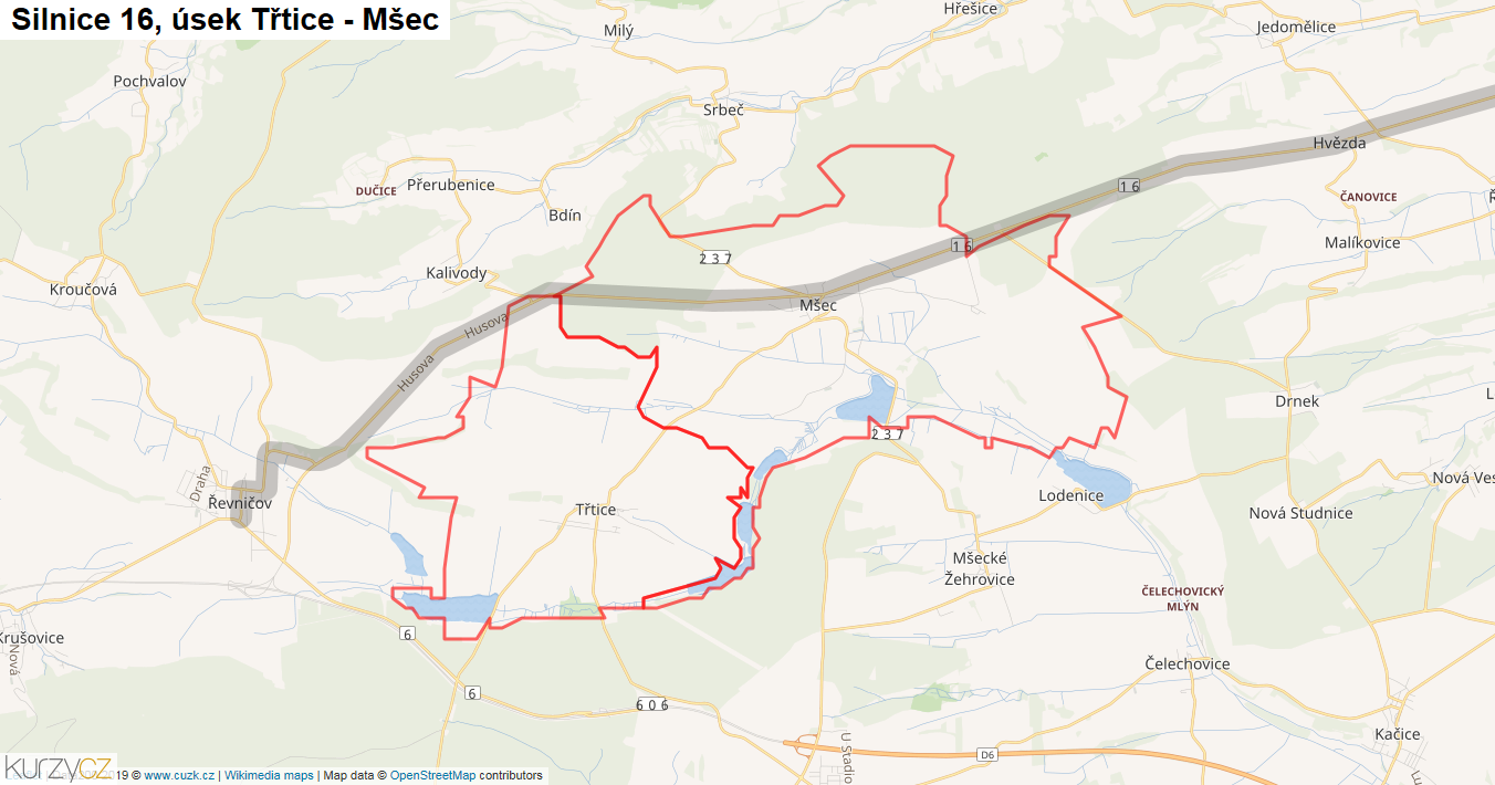 Úsek Třtice - Mšec, Silnice 16 - Mapa