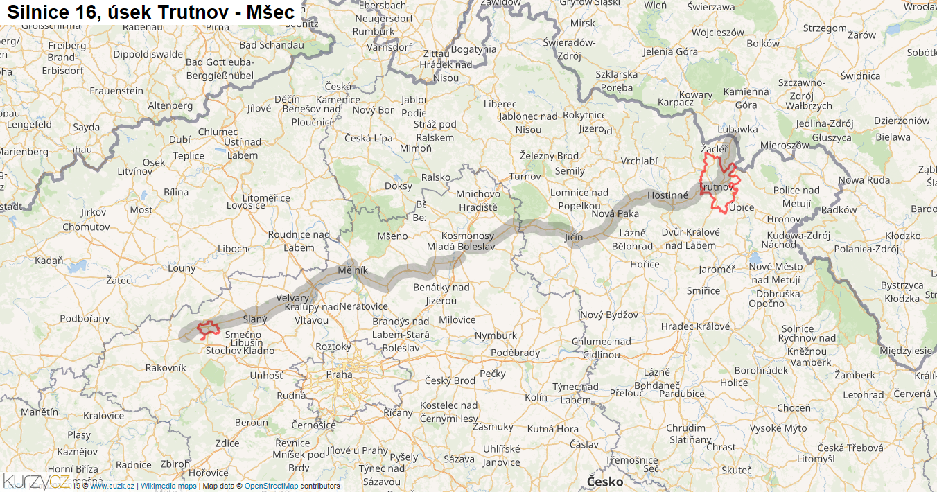 Úsek Trutnov - Mšec, Silnice 16 - Mapa