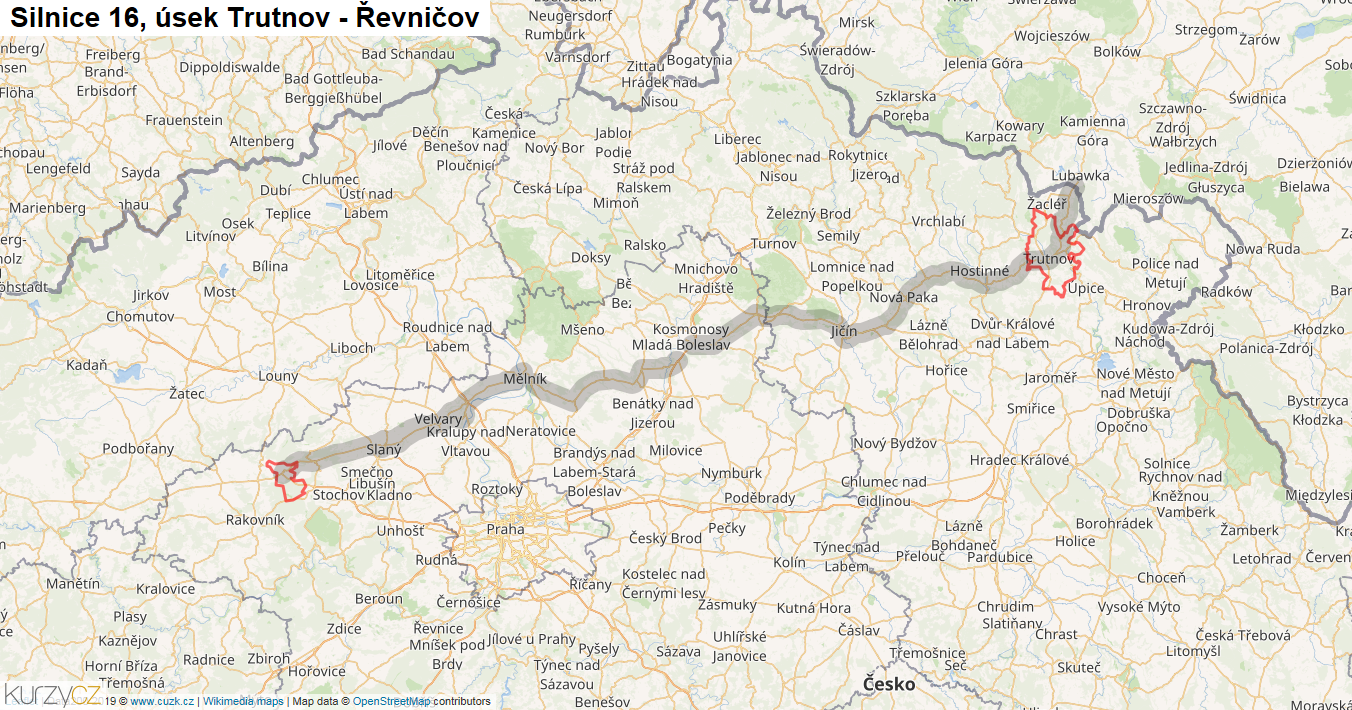 Úsek Trutnov - Řevničov, Silnice 16 - Mapa