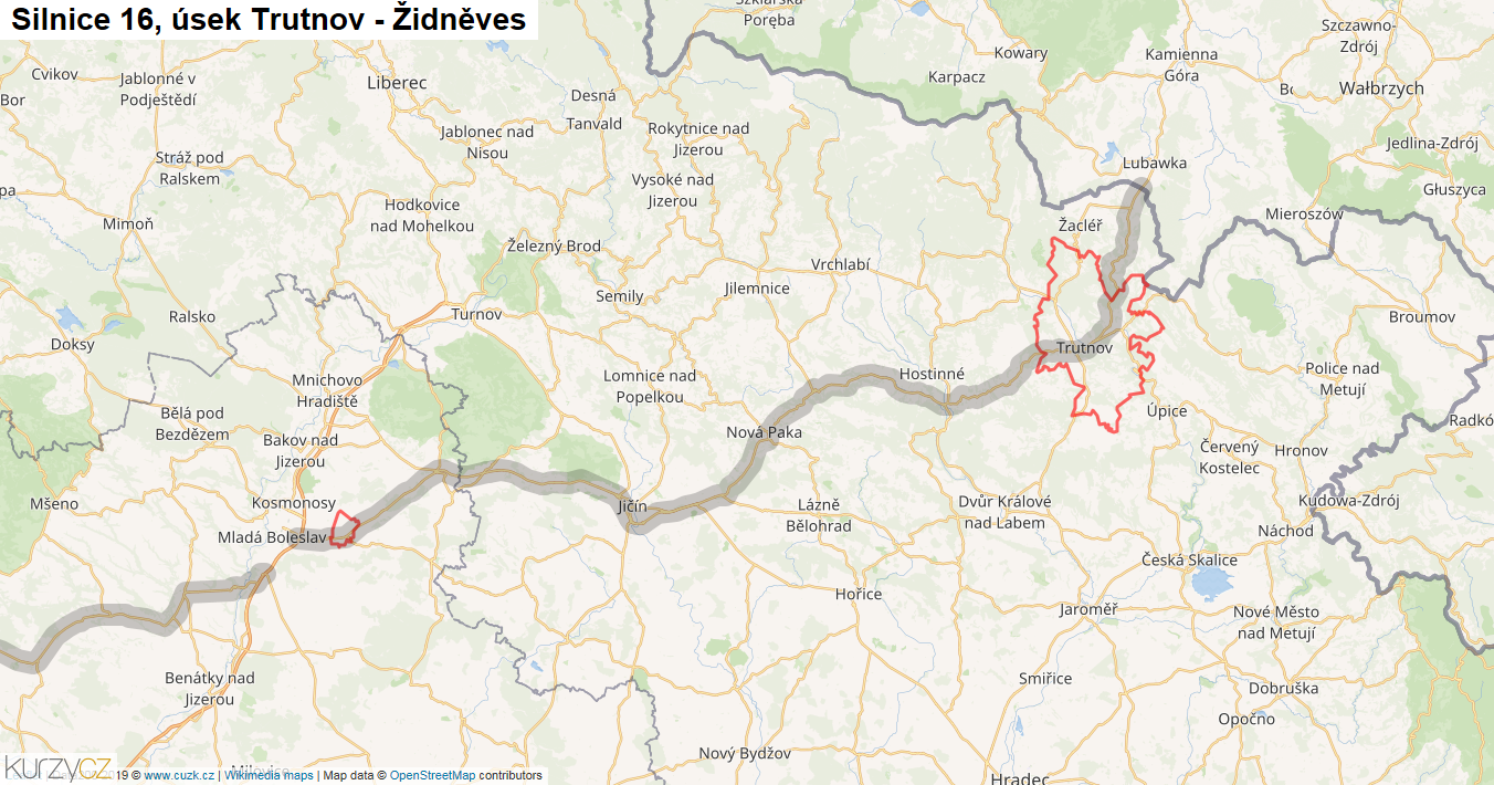 Úsek Trutnov - Židněves, Silnice 16 - Mapa