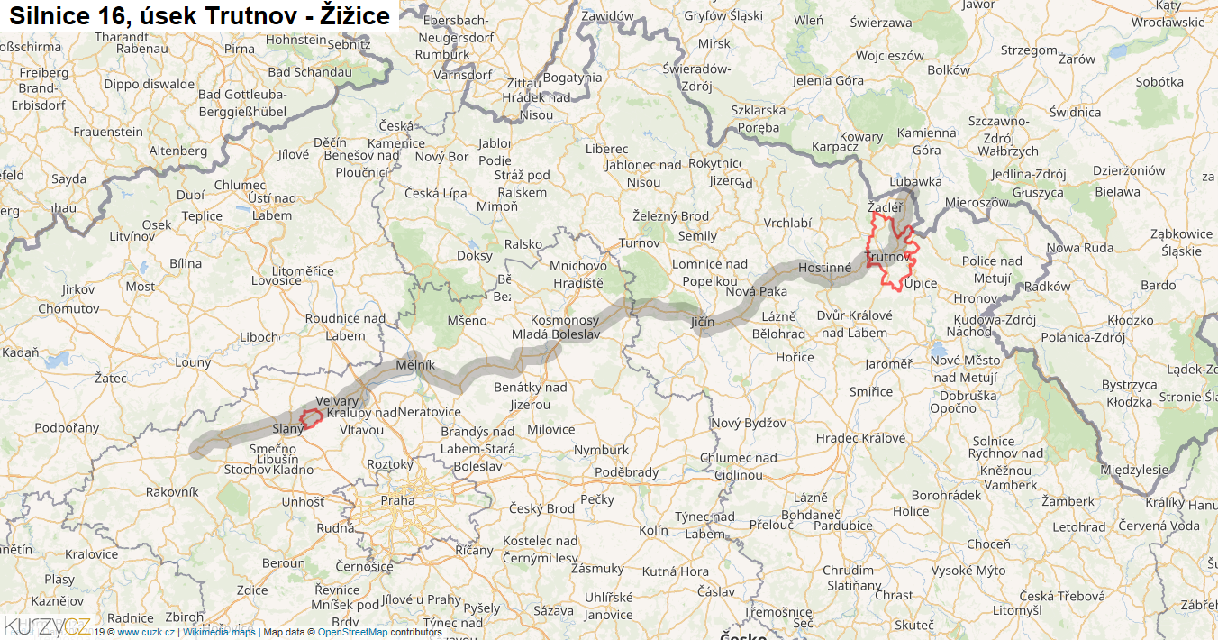 Úsek Trutnov - Žižice, Silnice 16 - Mapa