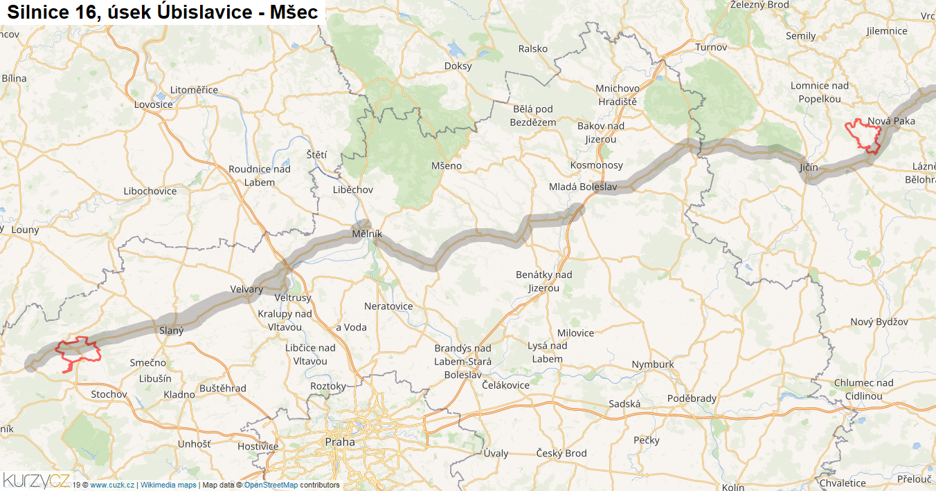 Úsek Úbislavice - Mšec, Silnice 16 - Mapa